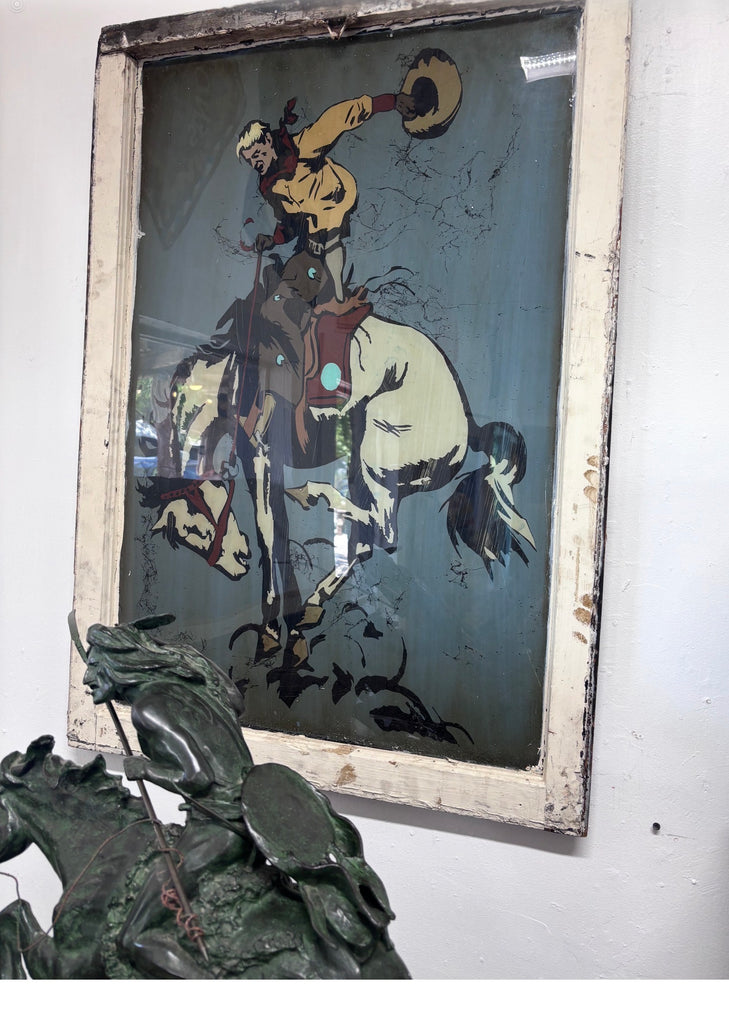 Gallery Size Bronco Reverse Painting in Vintage Frame