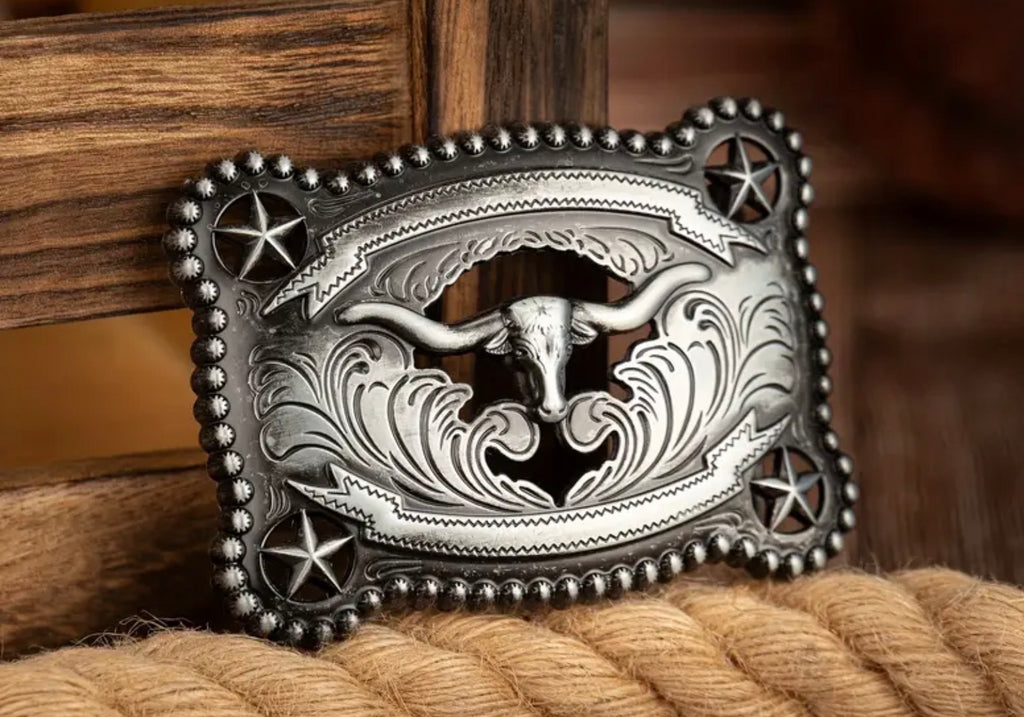 Rectangle Longhorn Silver Belt Buckle