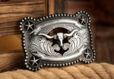 Rectangle Longhorn Silver Belt Buckle