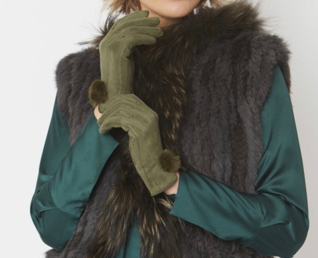 Faux Suede Gloves With Faux Fur Pom
