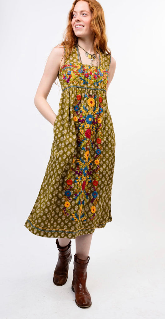 VALENTINA OLIVE DRESS FLORAL EMBROIDERED