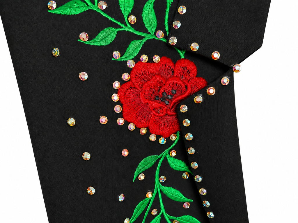 Red Embroidered Roses Black Jacket Swarovski AB Crystals S
