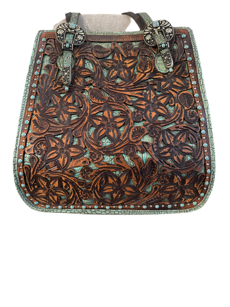 Turquoise Croc Hand Tooled Bag EUC