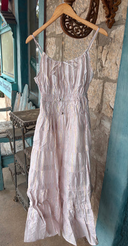 LUREX STRIPE SHIRRED DETAIL TIERED MIDI DRESS