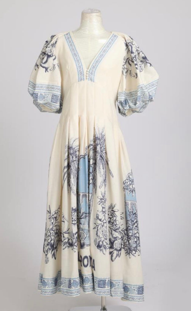 Santorini Garden Puff Sleeve Midi Dress