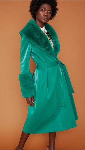 Green Trench Coat Faux Fur Cuffs Collar