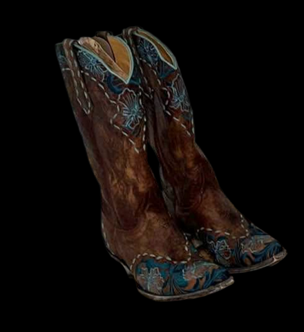 Brown w/Blue Embroidery Boots 9