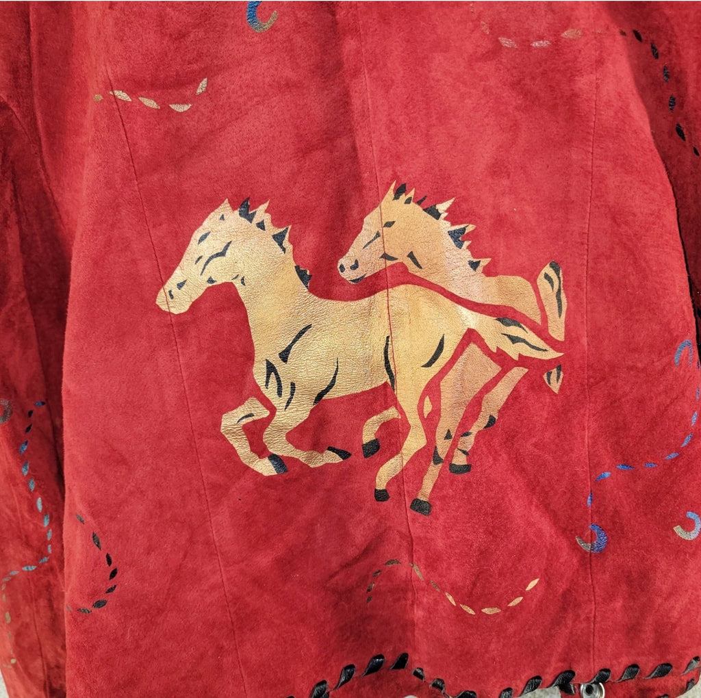 Vintage Hand Painted M Red Suede Horses Jacket