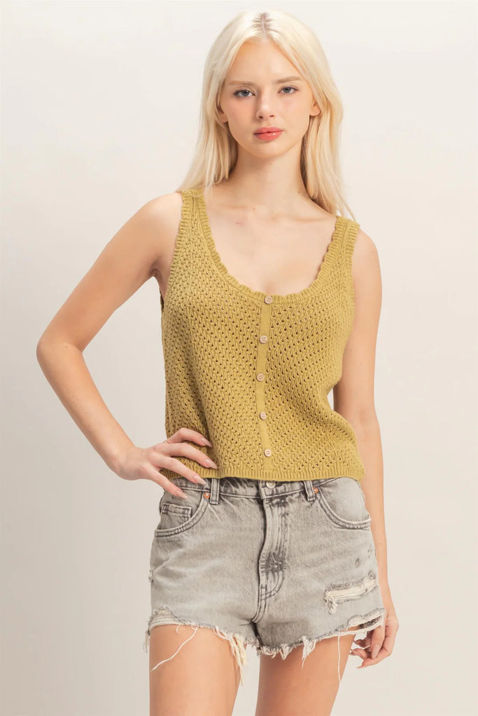 Open Knit Scallop Edge Button Front Tank Top