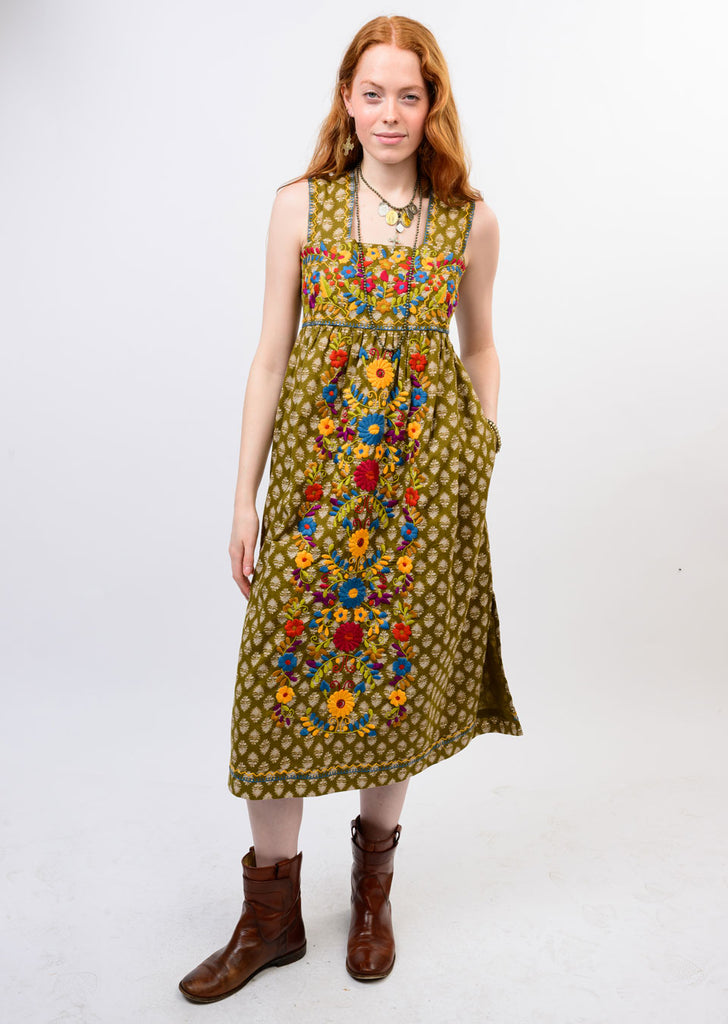 Valentina Olive Embroidered Dress