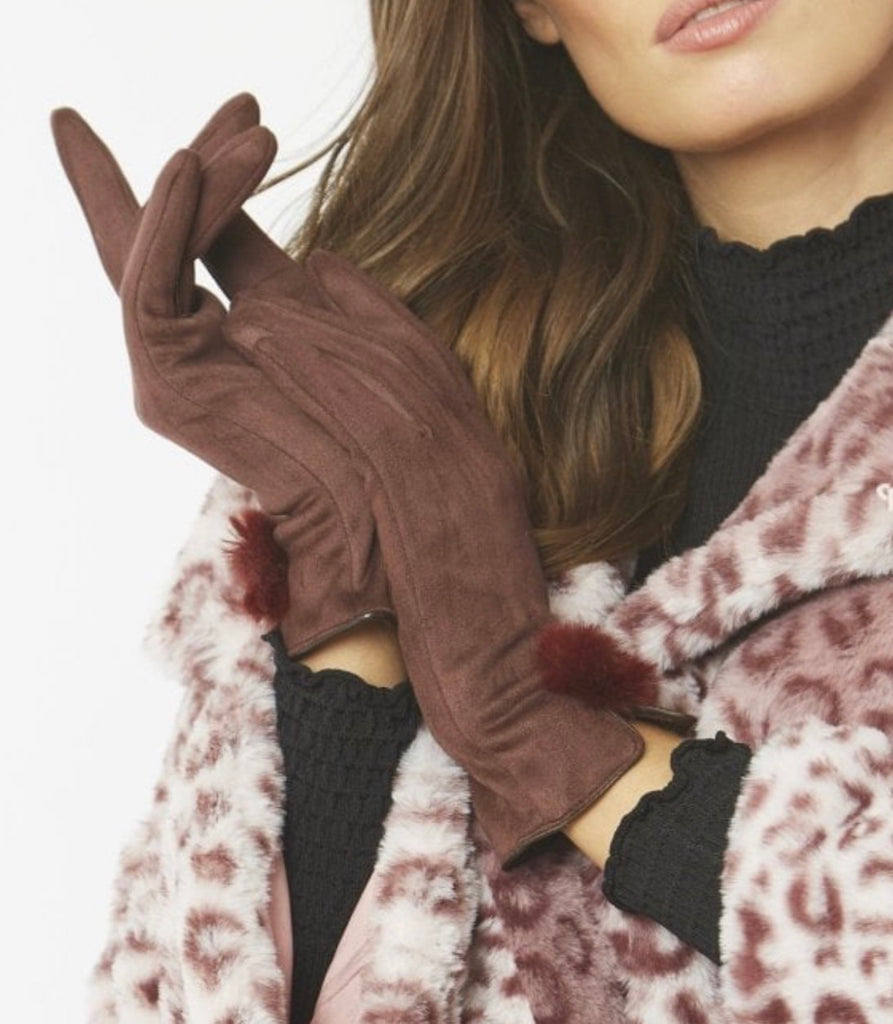 Faux Suede Gloves With Faux Fur Pom