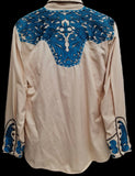 Vintage Blue Shirt L Embroidered Pearl Snap