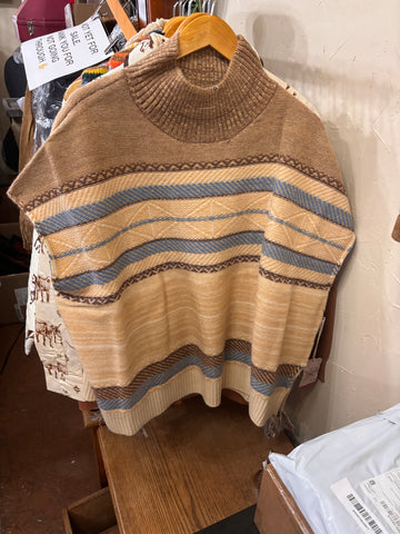 Poncho Knit Camel w/Stripes
