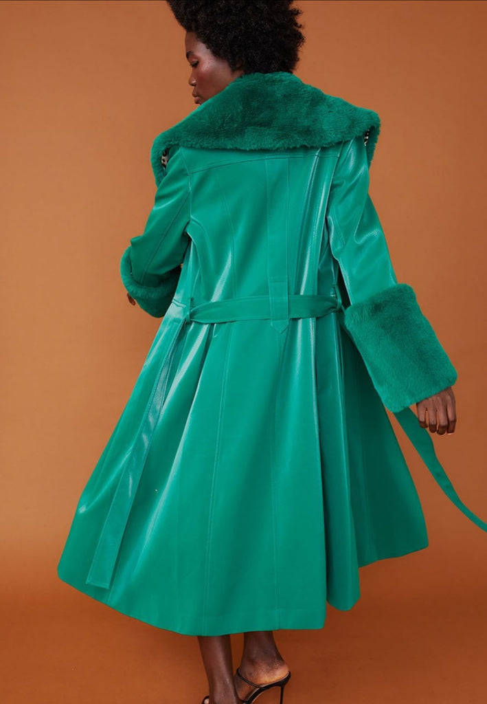 Green Trench Coat Faux Fur Cuffs Collar