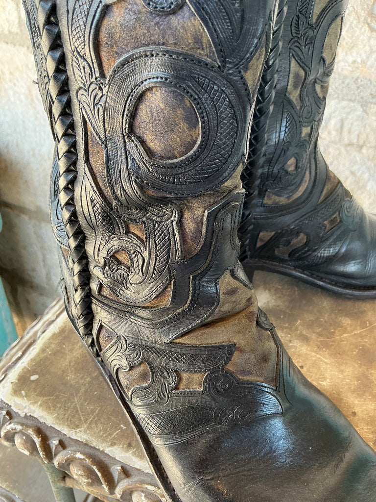 Vintage Heavily Hand Tooled Inlay 8.5B Boots
