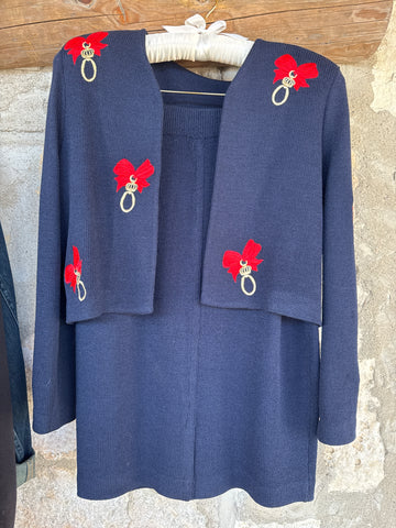 Vintage Navy 2PC Suit St John 4 Red Bows