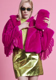 HOT PINK FRINGE FAUX FUR JACKET
