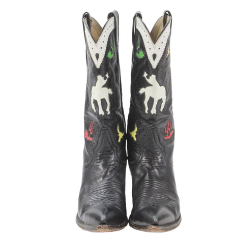 Bucking Bronc Rider Inlay Vintage Mahan Boots 6.5