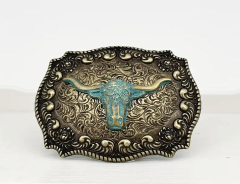 Longhorn Head Belt Buckle Vintage Green