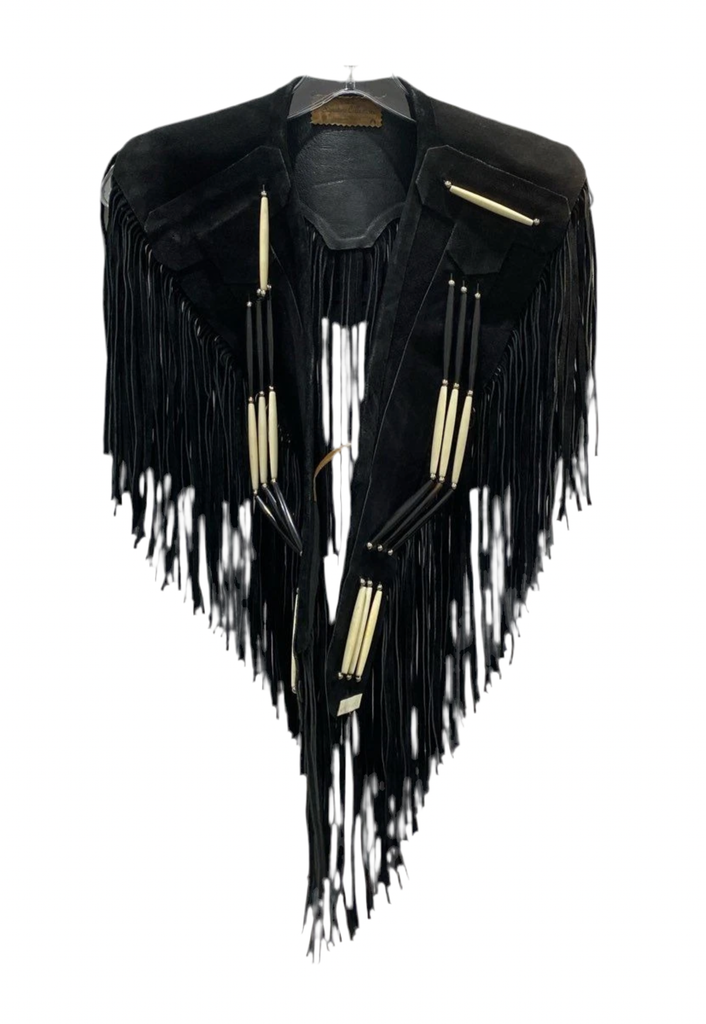 Black Leather Fringe Shawl with Hairpipe