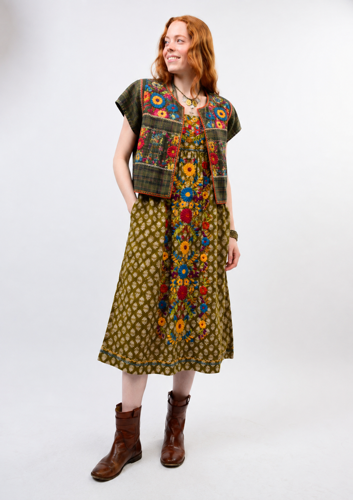Valentina Olive Embroidered Dress