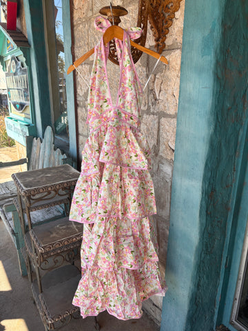 Pink Floral Ruffle Tiered Halter Dress