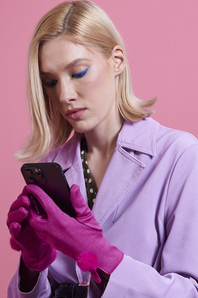Faux Suede Gloves With Faux Fur Pom