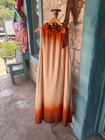 Ombre Sleeveless Maxi Dress Tie Ruffle Neck