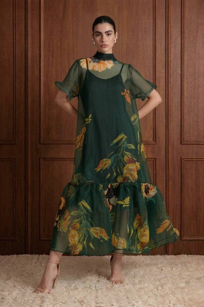 Floral Sheer Organza Tie Neck Maxi Dress