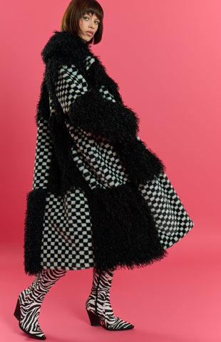 Checkered Faux Fur Coat