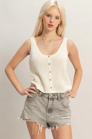 Open Knit Scallop Edge Button Front Tank Top