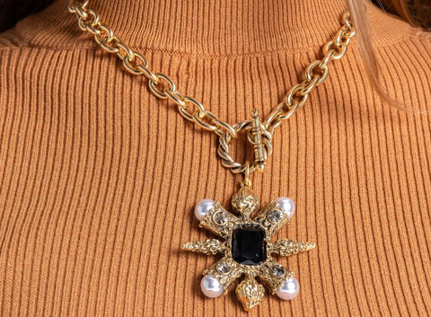 Romy Gold Pearl Black Crystal Necklace