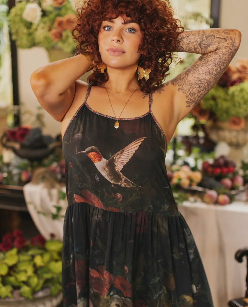FLIGHT OF FANCY SLIP DRESS HUMMINGBIRDS