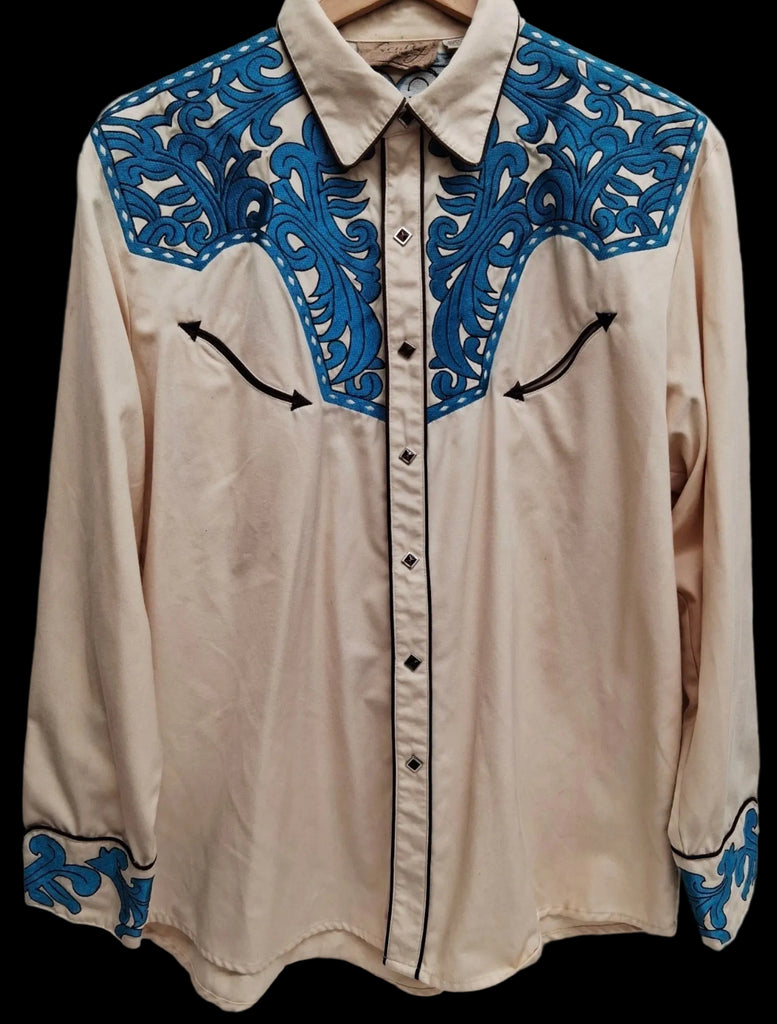 Vintage Blue Shirt L Embroidered Pearl Snap