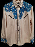 Vintage Blue Shirt L Embroidered Pearl Snap