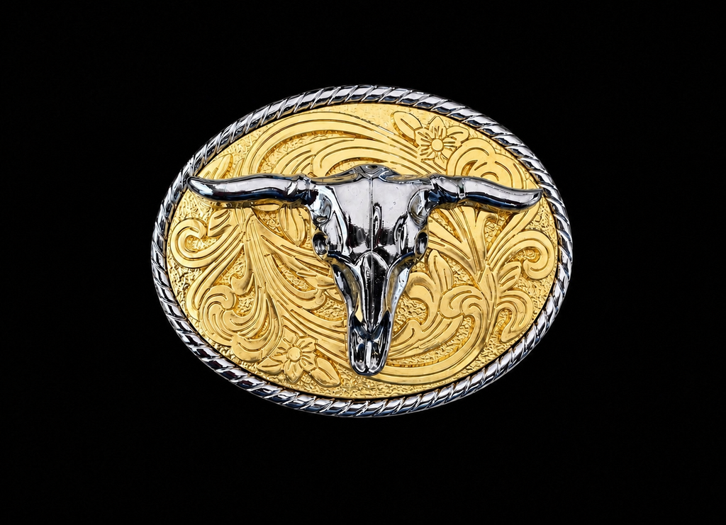 Gold Silver Engraved Longhorn Buckle