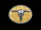 Gold Silver Engraved Longhorn Buckle