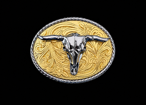Gold Silver Engraved Longhorn Buckle