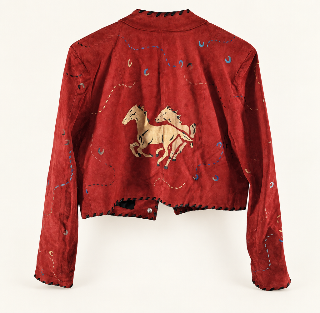 Vintage Hand Painted M Red Suede Horses Jacket