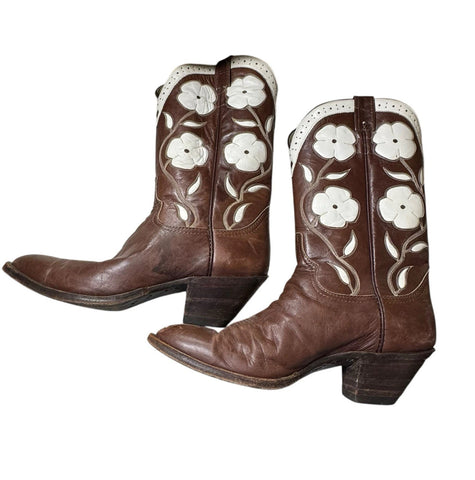 Larry Mahan Vintage Brown Flower Boots 8