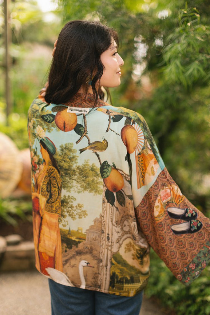 Secret Garden Cropped Bamboo Kimono Cardigan with Swan