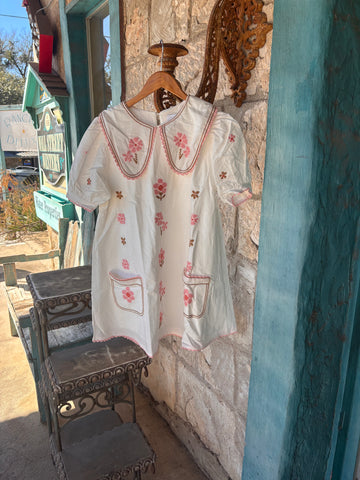 Pink Floral Cross-Stitch Embroidery Short Dress