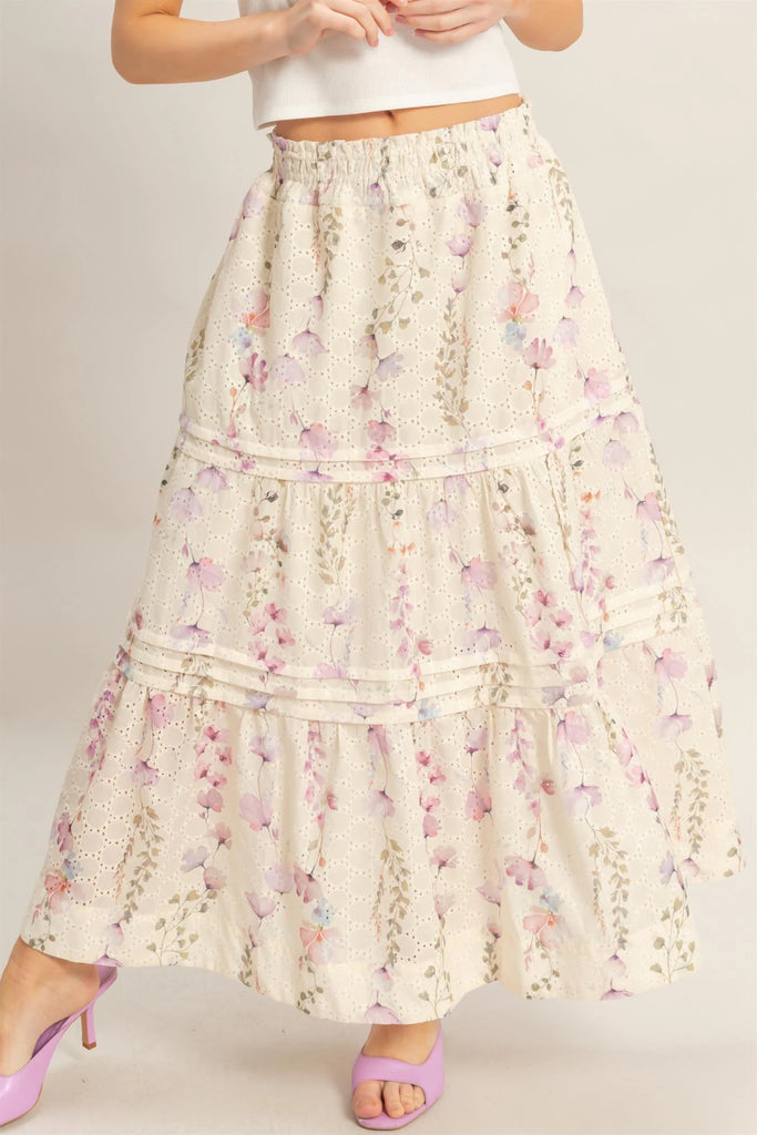 Floral Smocked Waist Eyelet Skirt