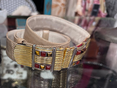 Judith Lieber 1980s Lizard Semi Precious Stone Belt