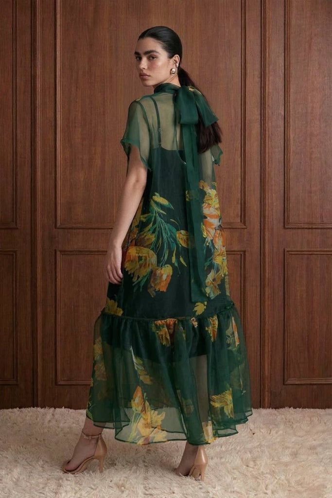 Floral Sheer Organza Tie Neck Maxi Dress