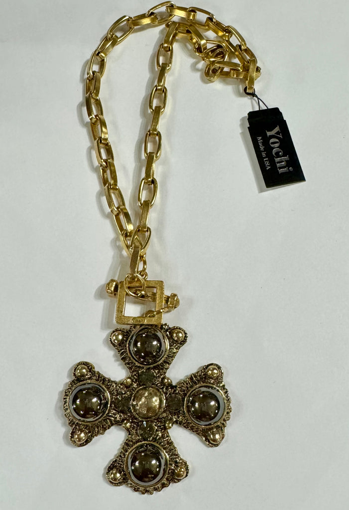 Gold Link Necklace Grey Pearl Cross