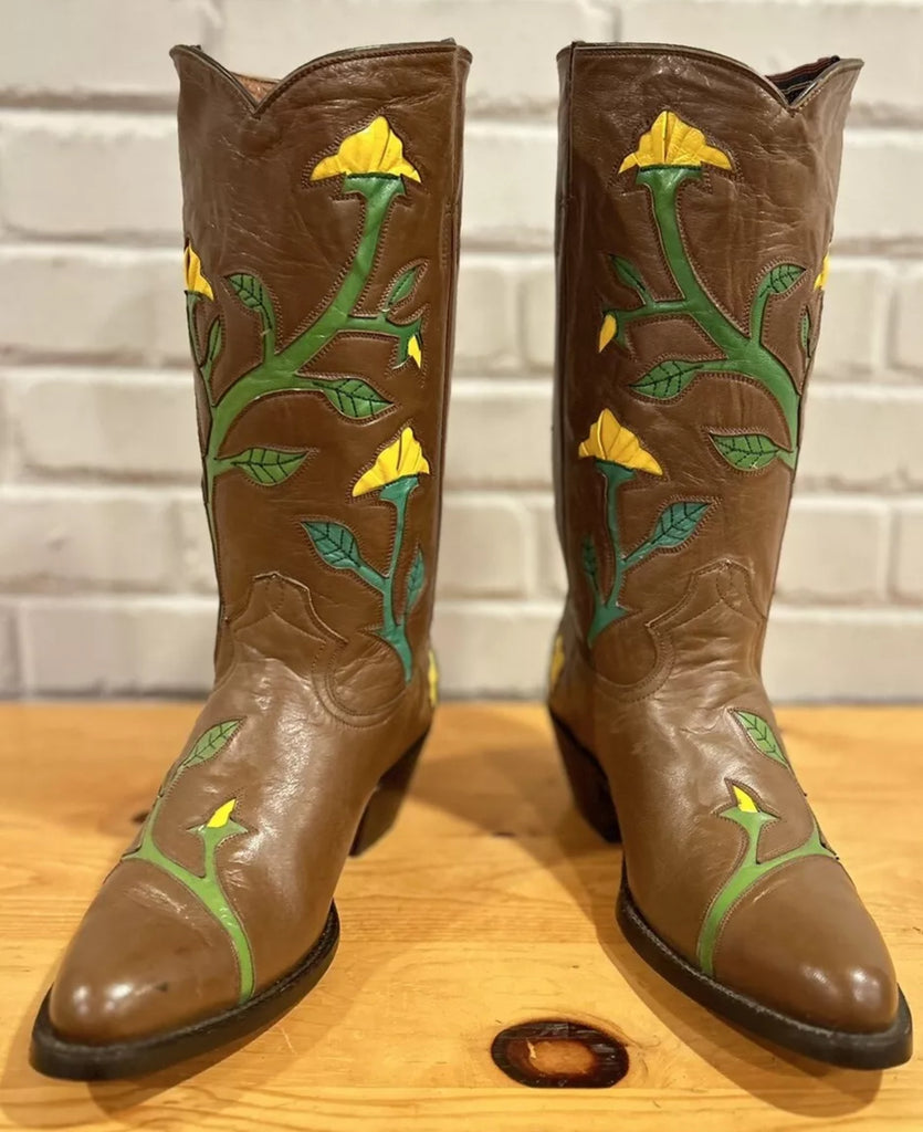 Inlaid Yellow Rose Boots Vintage New 7.5
