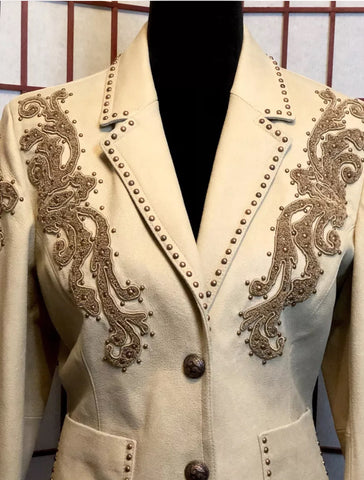 Cream Leather Jacket with Beautiful Appliqués M