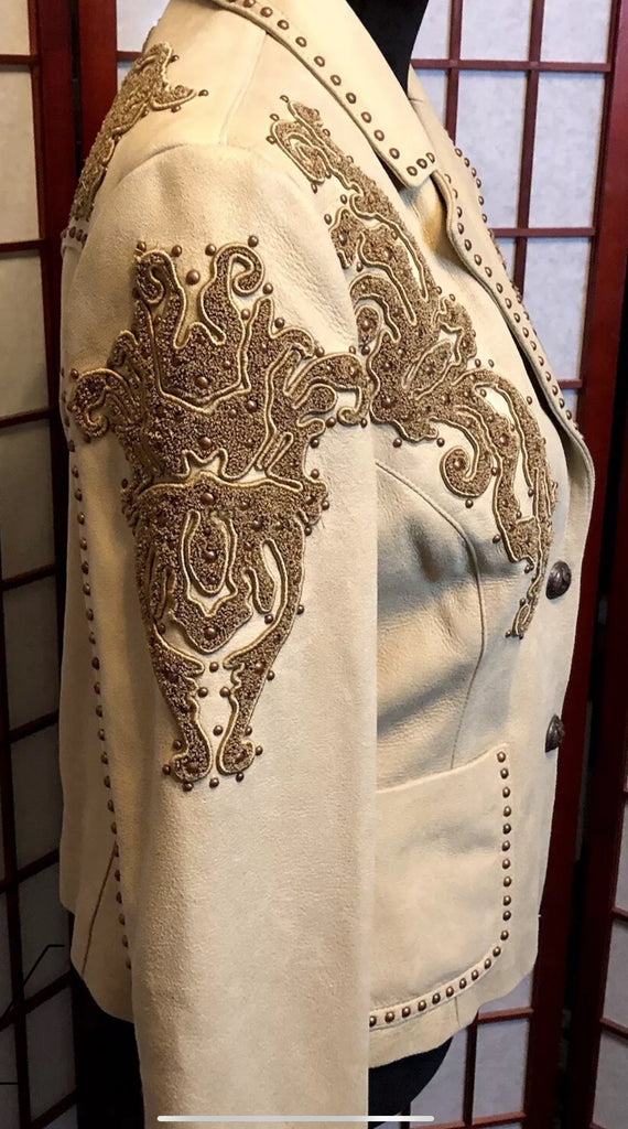 Cream Leather Jacket with Beautiful Appliqués M