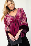 Velvet Embroidered 3/4 Sleeve Top